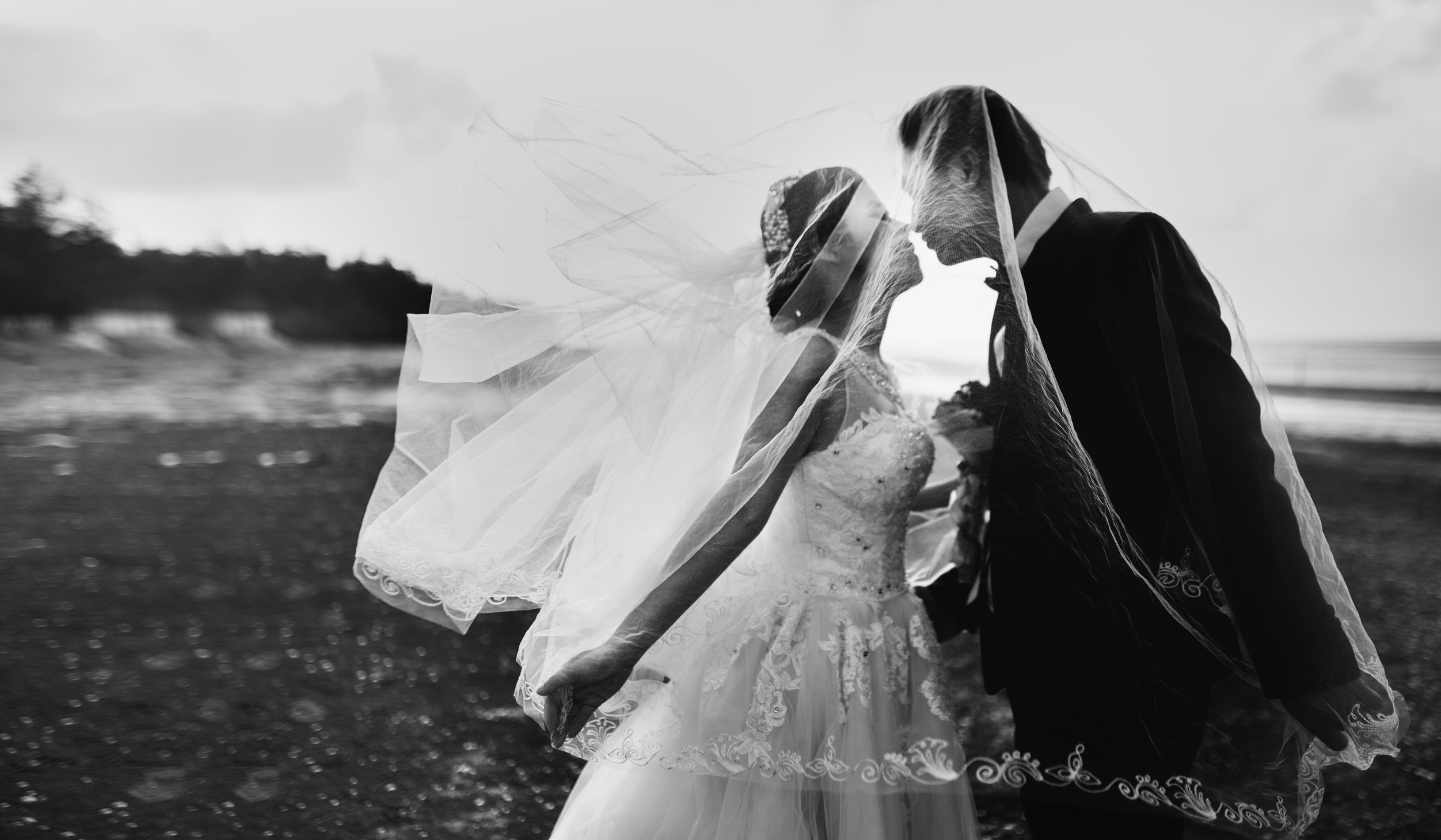 Bride and Groom Kissing on the Beach